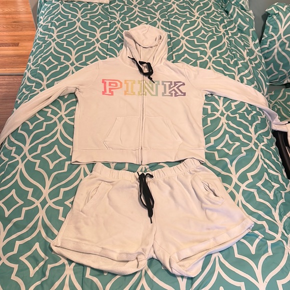 White PINK sweatsuit rainbow lettering. Shorts-S Sweatshirt-M - Picture 1 of 2